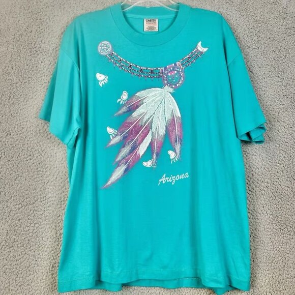 Other - VTG 90's Native American Headdress Feather T-Shirt Teal Size XL Oneita Arizona